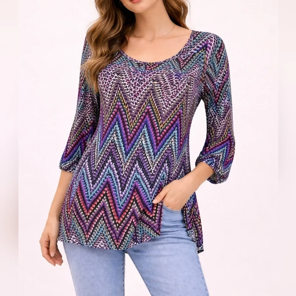 PREMISE Colorful Rainbow Optical Illusion Zigzag Chevron Tunic